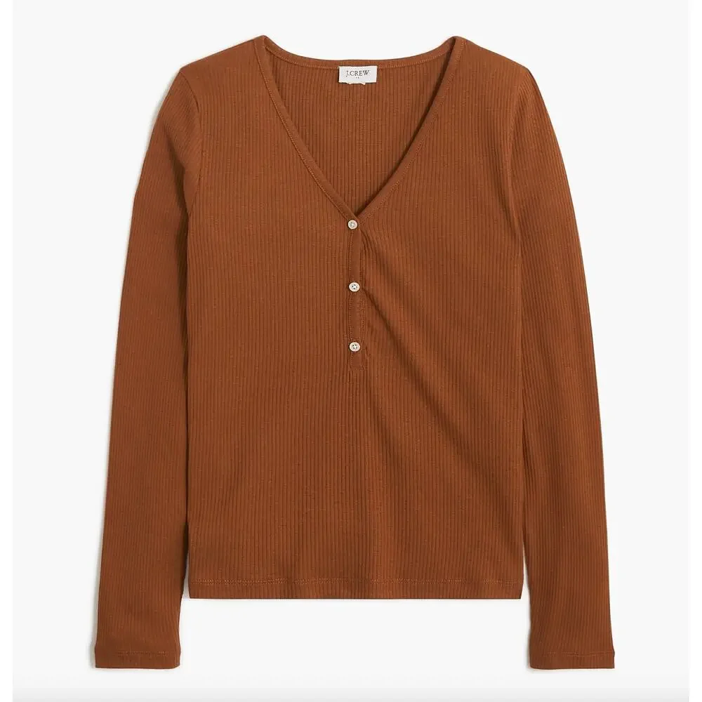 J.Crew Long Sleeve Button Henley Top Ribbed Stretch Jersey Mocha Latte XL NWT